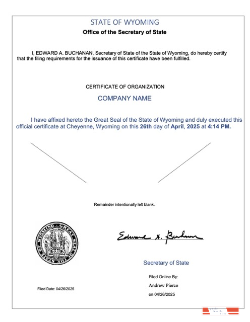 USA Wyoming certificate of organization Word and PDF template